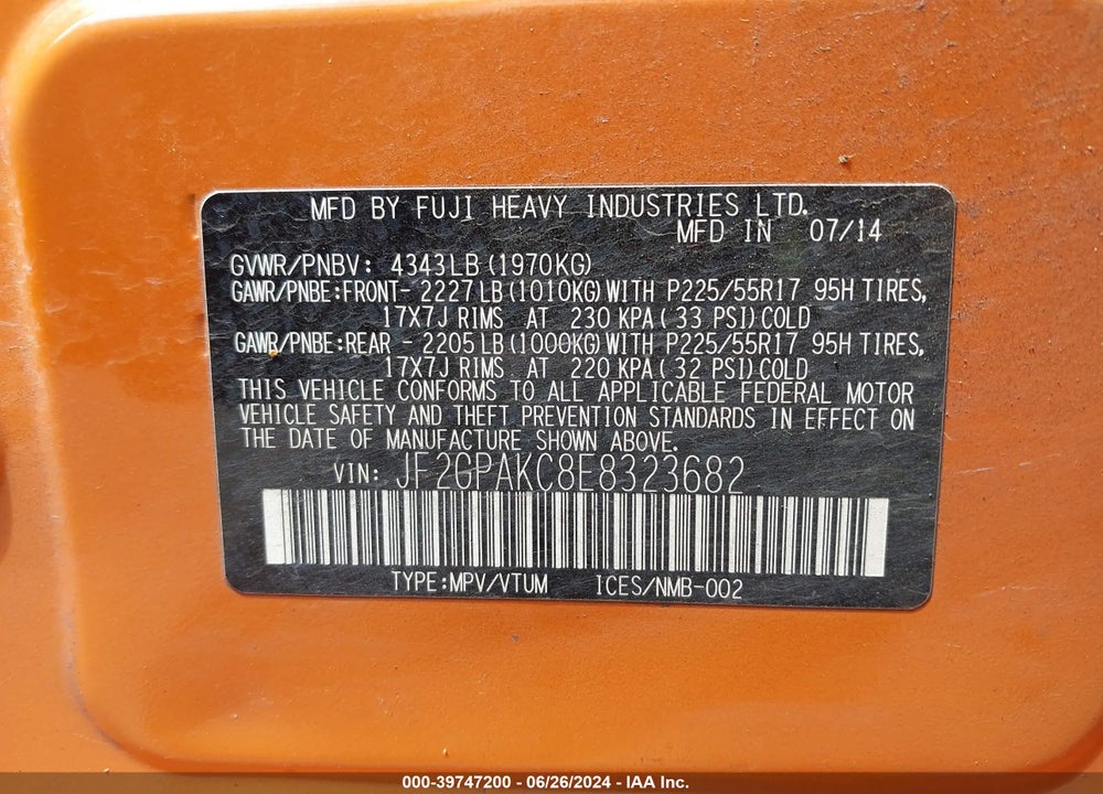 2014 SUBARU XV CROSSTREK 2.0I LIMITED VIN: JF2GPAKC8E8323682