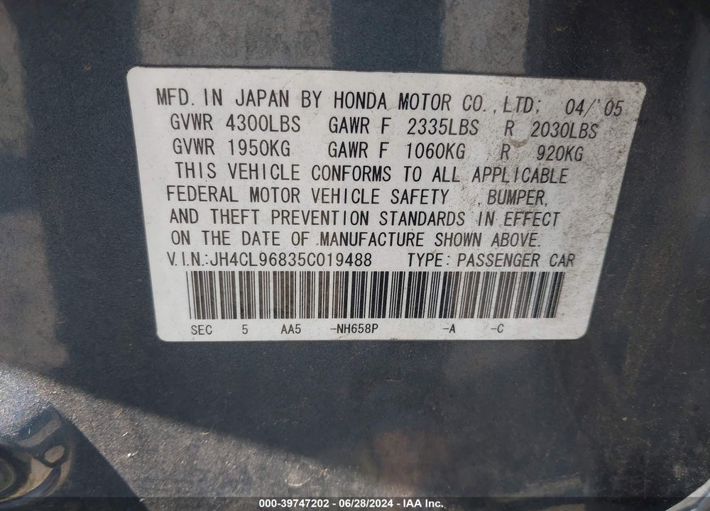 2005 ACURA TSX VIN: JH4CL96835C019488