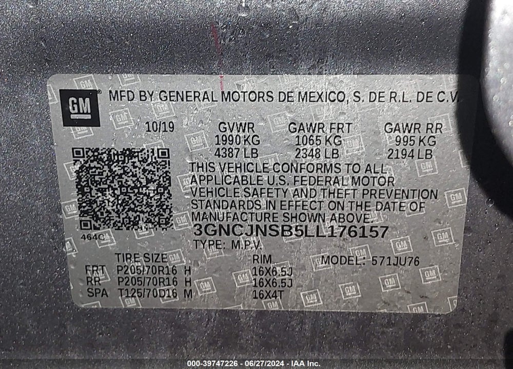 2020 CHEVROLET TRAX AWD LS VIN: 3GNCJNSB5LL176157
