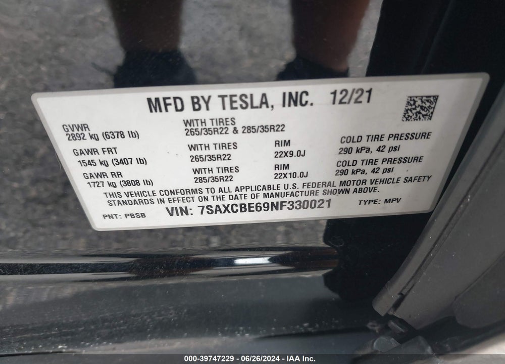 2022 TESLA MODEL X PLAID TRI MOTOR ALL-WHEEL DRIVE VIN: 7SAXCBE69NF330021