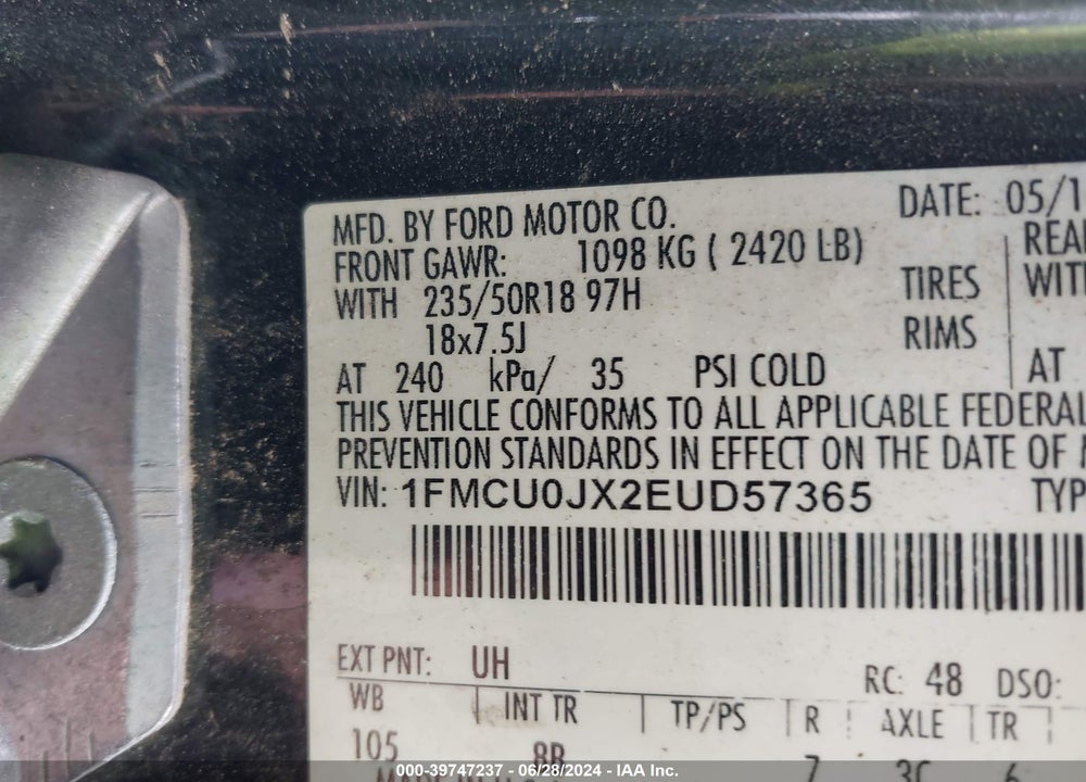 2014 FORD ESCAPE TITANIUM VIN: 1FMCU0JX2EUD57365