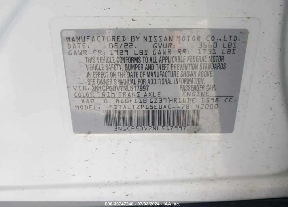 2022 NISSAN KICKS SR XTRONIC CVT VIN: 3N1CP5DV7NL517997
