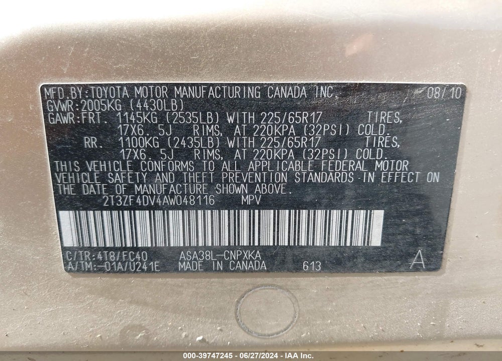 2010 TOYOTA RAV4 VIN: 2T3ZF4DV4AW048116