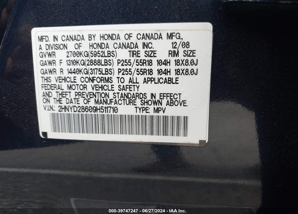 2009 ACURA MDX TECHNOLOGY PACKAGE VIN: 2HNYD28609H511710