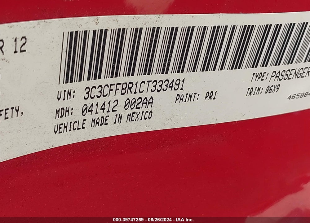 2012 FIAT 500 SPORT VIN: 3C3CFFBR1CT333491