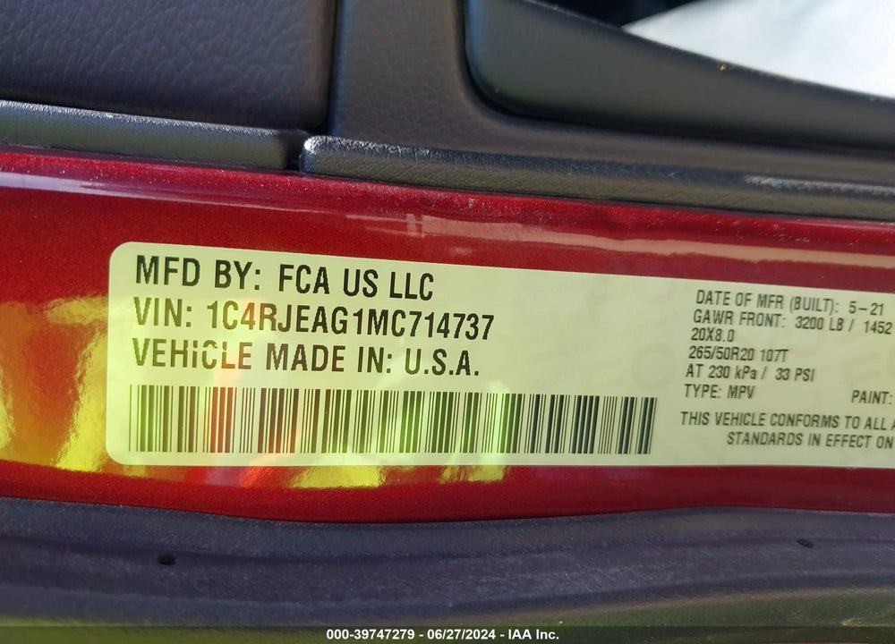2021 CHEROKEE JEEP GRAND  LAREDO X 4X2 VIN: 1C4RJEAG1MC714737