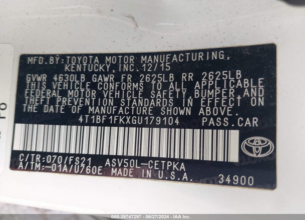 2016 TOYOTA CAMRY SE VIN: 4T1BF1FKXGU179104