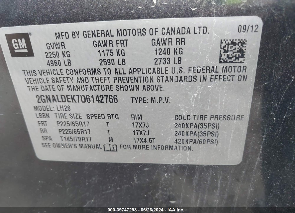 2013 CHEVROLET EQUINOX VIN: 2GNALDEK7D6142766