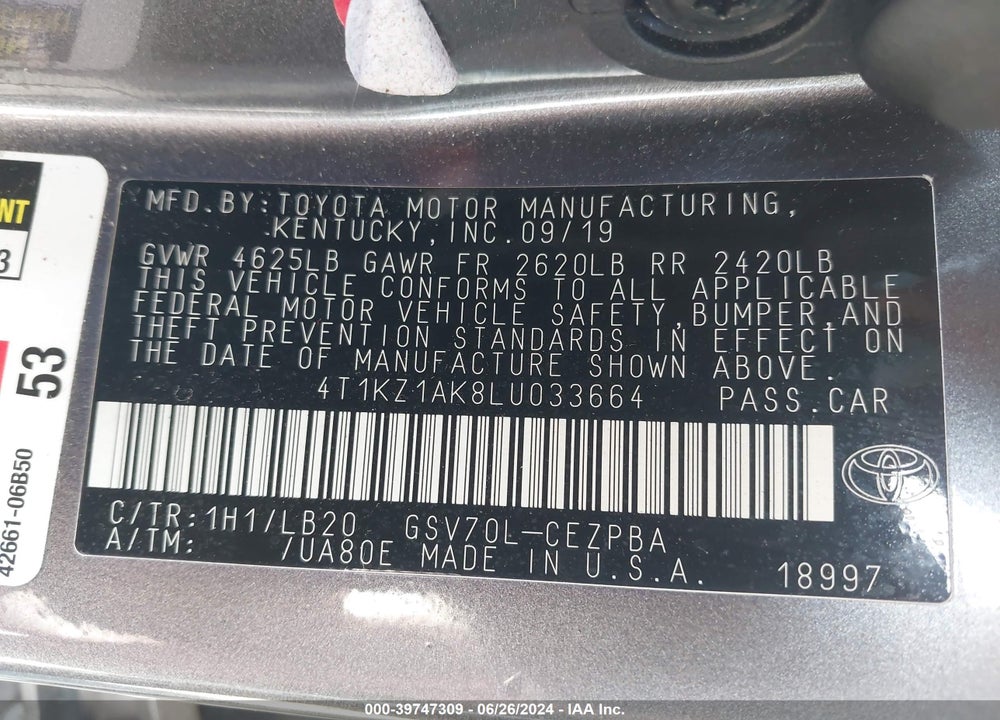 2020 TOYOTA CAMRY XSE V6 VIN: 4T1KZ1AK8LU033664
