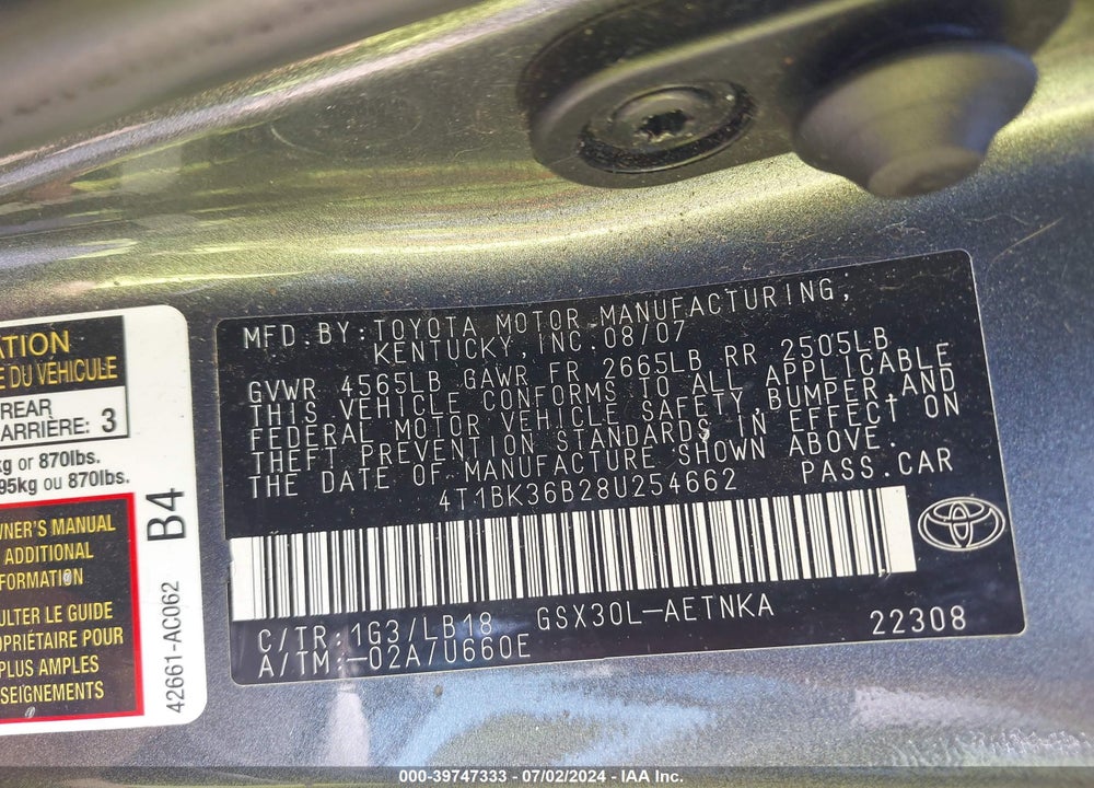 2008 TOYOTA AVALON TOURING VIN: 4T1BK36B28U254662