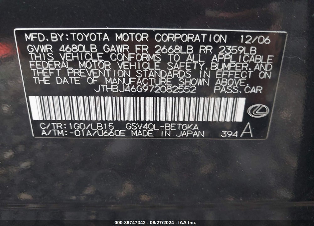 2007 LEXUS ES 350 VIN: JTHBJ46G972082552