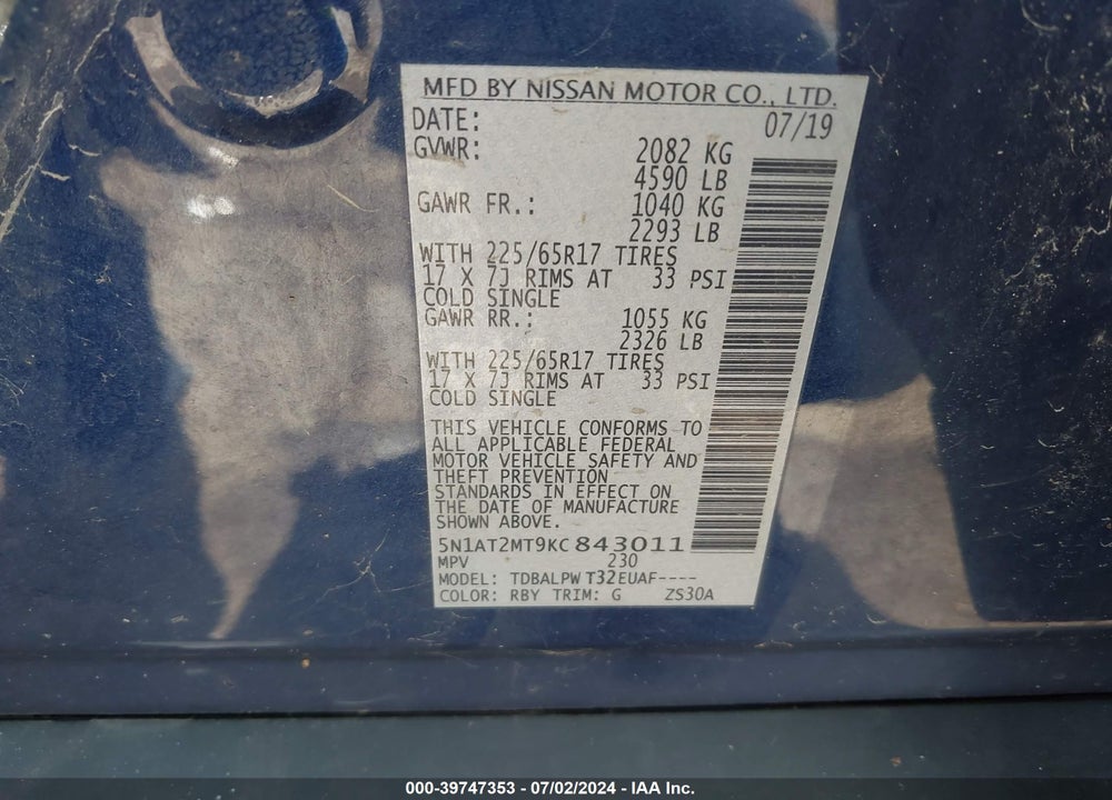 2019 NISSAN ROGUE S VIN: 5N1AT2MT9KC843011