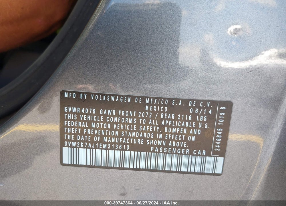 2014 VOLKSWAGEN JETTA 2.0L S VIN: 3VW2K7AJ1EM313613