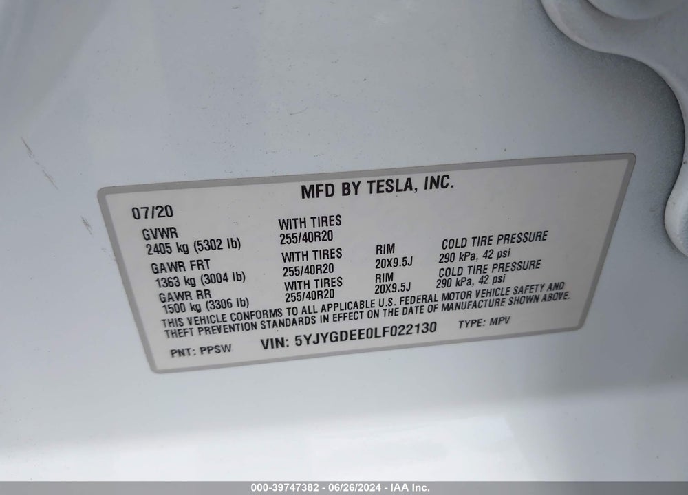 2020 TESLA MODEL Y LONG RANGE DUAL MOTOR ALL-WHEEL DRIVE VIN: 5YJYGDEE0LF022130