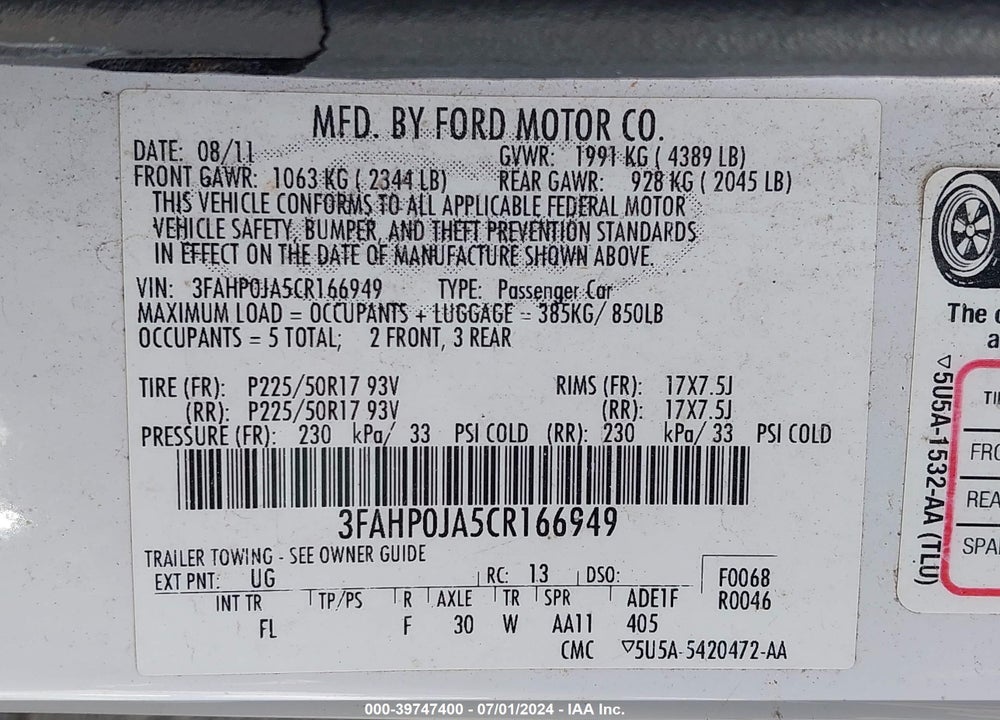 2012 FORD FUSION SEL VIN: 3FAHP0JA5CR166949