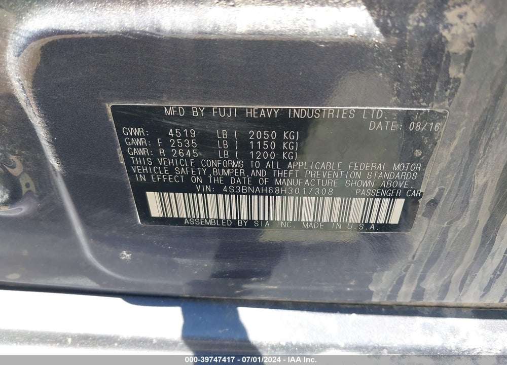 2017 SUBARU LEGACY 2.5I PREMIUM VIN: 4S3BNAH68H3017308