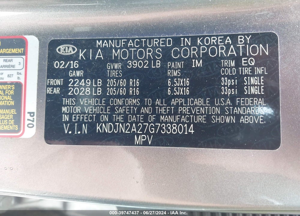 2016 KIA SOUL VIN: KNDJN2A27G7338014