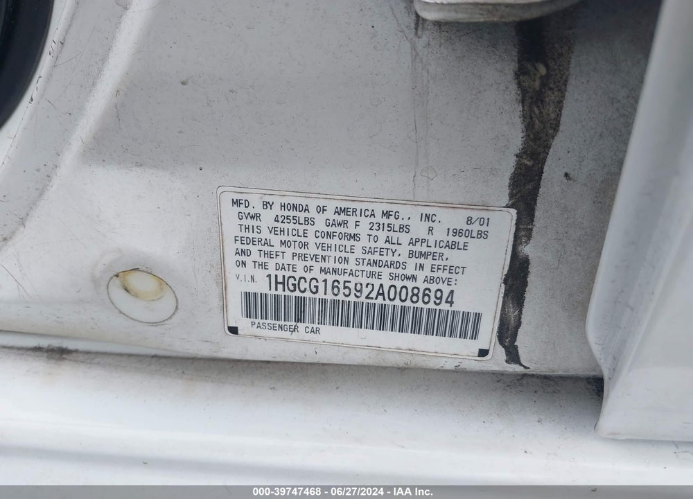 2002 HONDA ACCORD 3.0 EX VIN: 1HGCG16592A008694