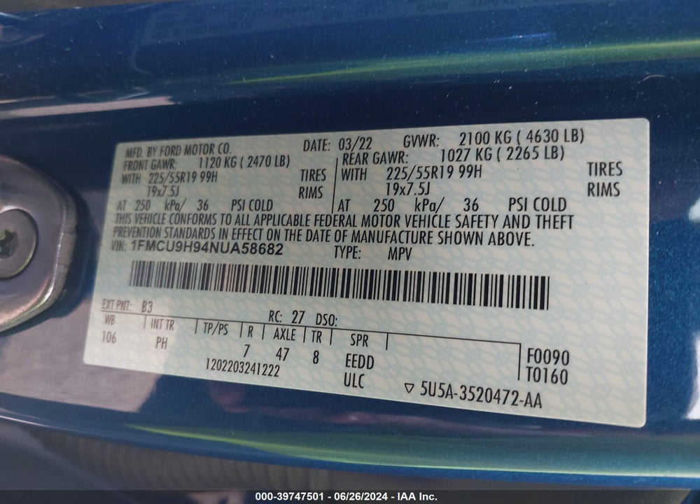 2022 FORD ESCAPE SEL VIN: 1FMCU9H94NUA58682