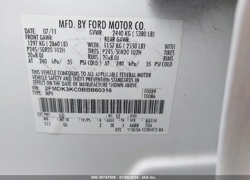 2011 FORD EDGE LIMITED VIN: 2FMDK3KC0BBB60316