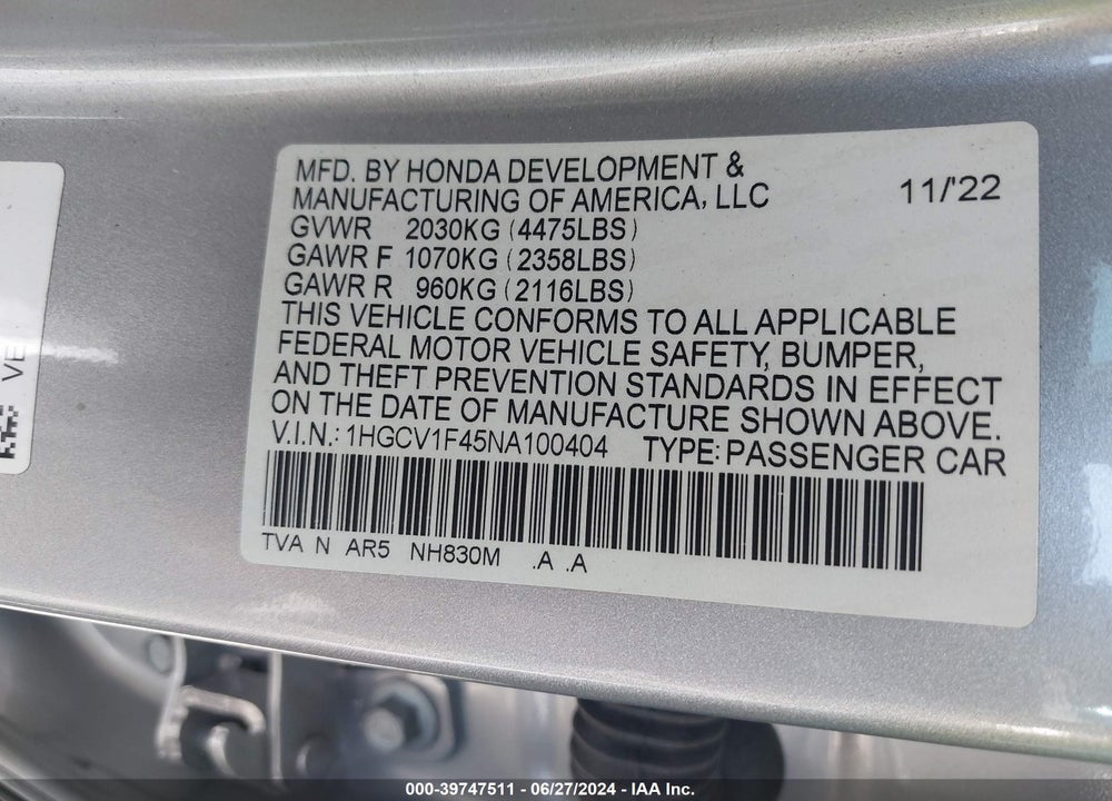 2022 HONDA ACCORD SPORT SPECIAL EDITION VIN: 1HGCV1F45NA100404