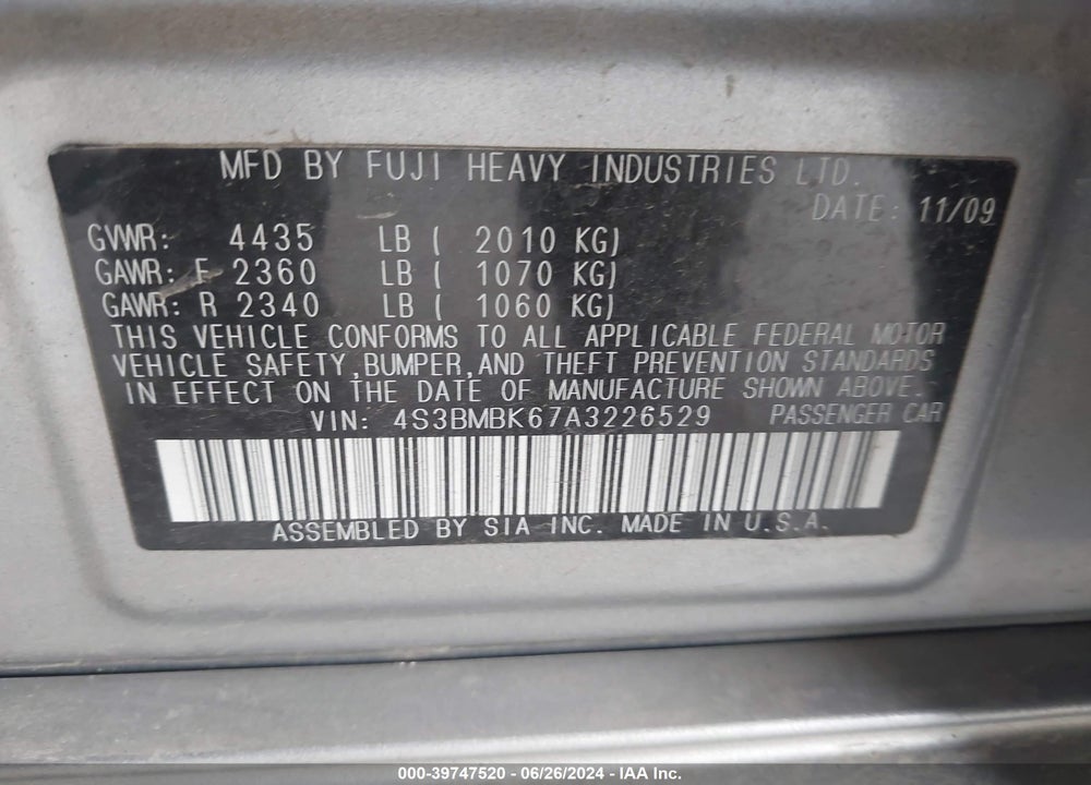 2010 SUBARU LEGACY 2.5I LIMITED VIN: 4S3BMBK67A3226529