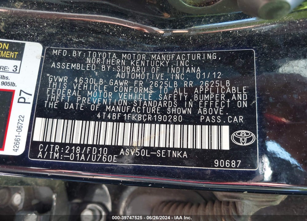 2012 TOYOTA CAMRY LE VIN: 4T4BF1FK8CR190280