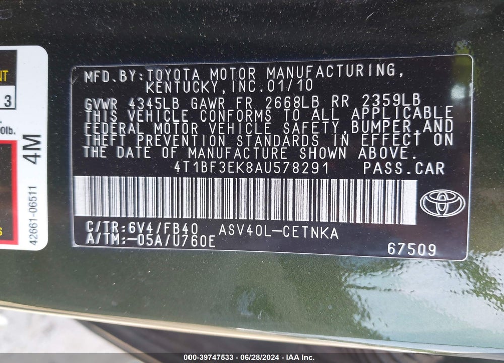 2010 TOYOTA CAMRY LE VIN: 4T1BF3EK8AU578291