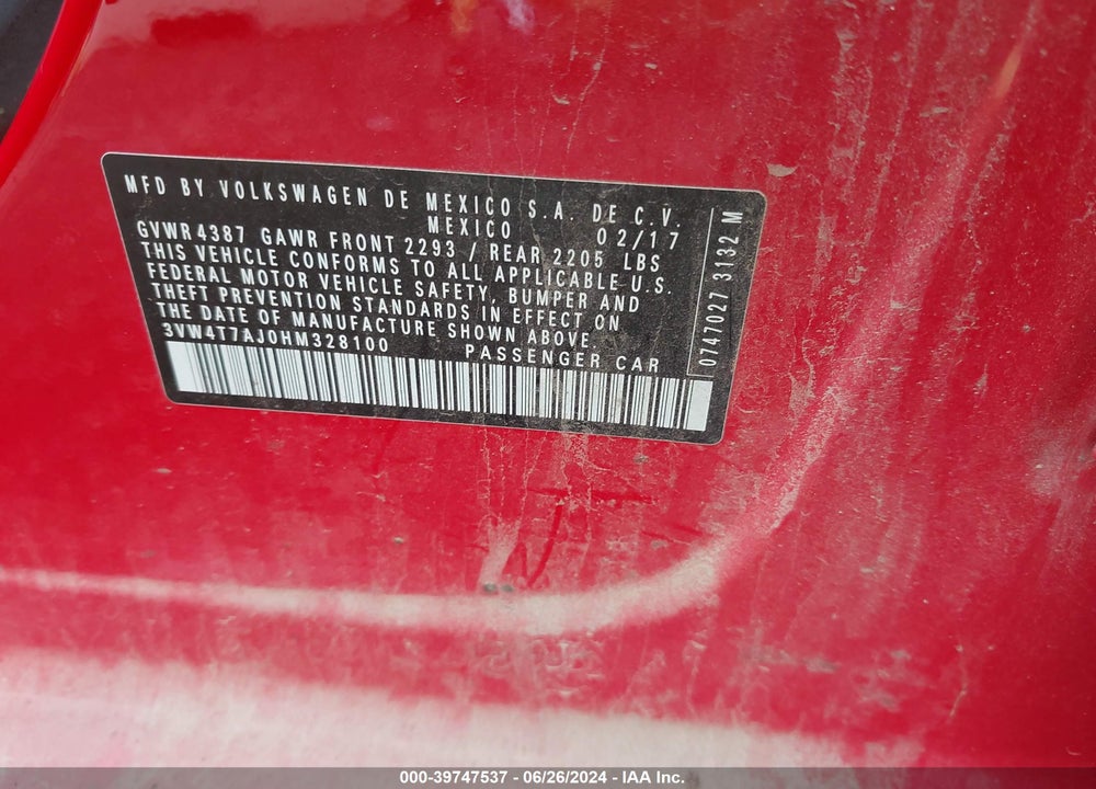 2017 VOLKSWAGEN JETTA GLI VIN: 3VW4T7AJ0HM328100