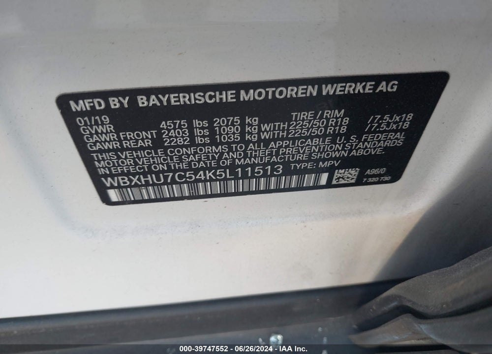 2019 BMW X1 SDRIVE28I VIN: WBXHU7C54K5L11513