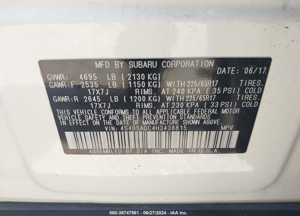 2017 SUBARU OUTBACK 2.5I PREMIUM VIN: 4S4BSADC4H3438815