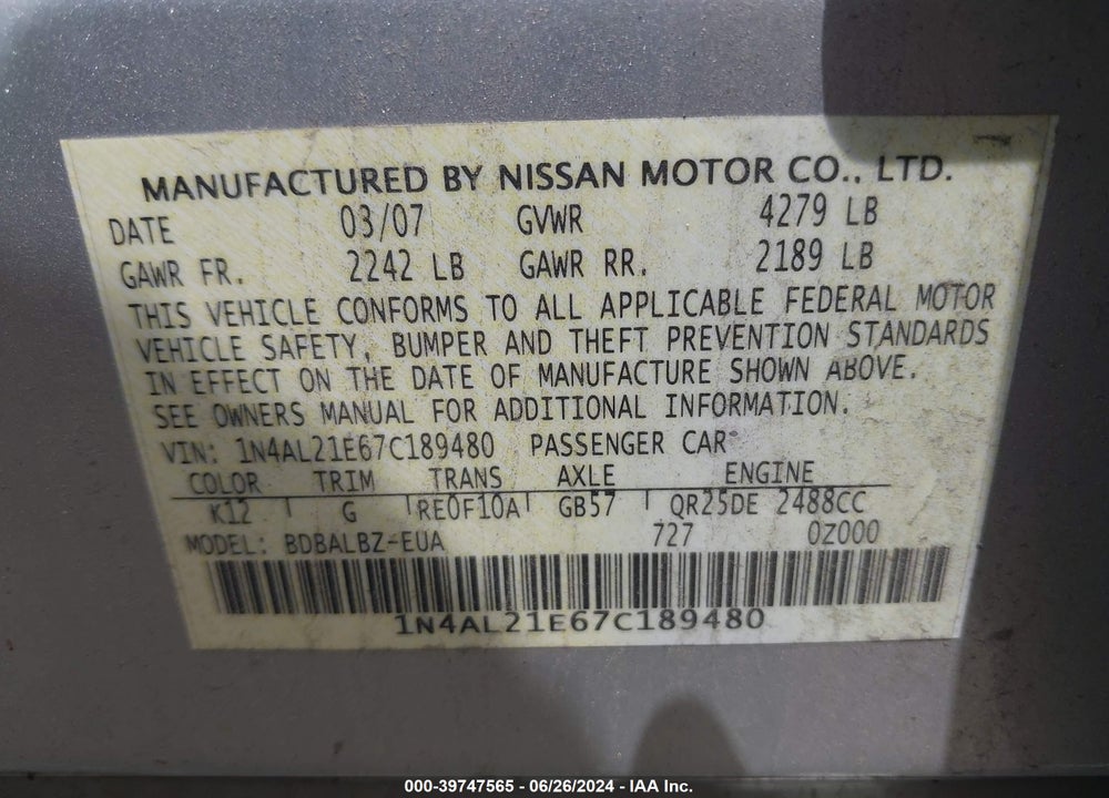2007 NISSAN ALTIMA 2.5 S VIN: 1N4AL21E67C189480
