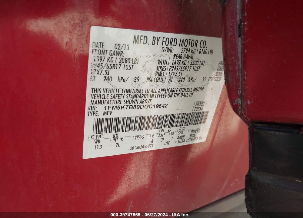 2013 FORD EXPLORER VIN: 1FM5K7B89DGC19642