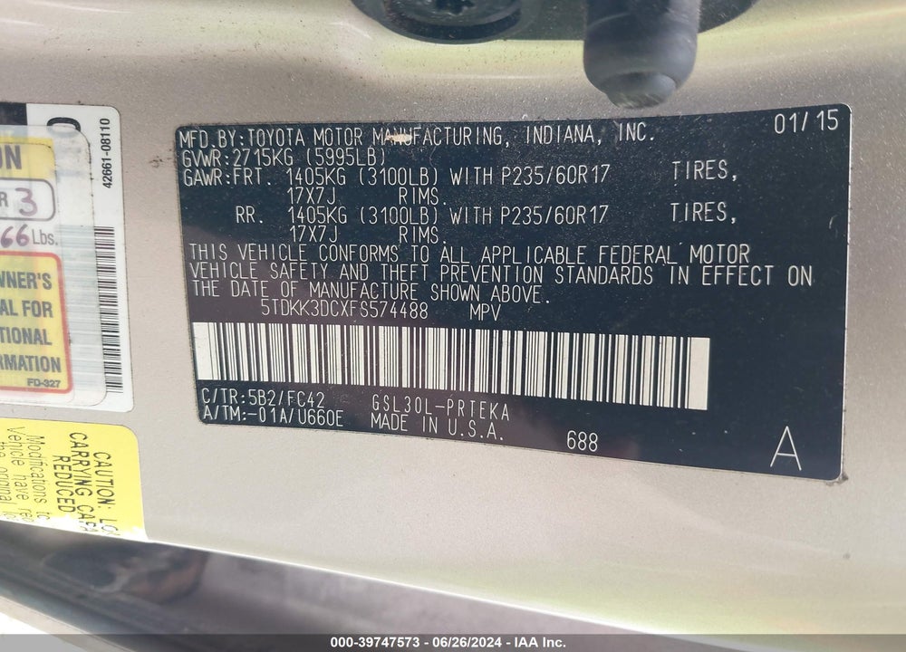 2015 TOYOTA SIENNA LE 8 PASSENGER VIN: 5TDKK3DCXFS574488