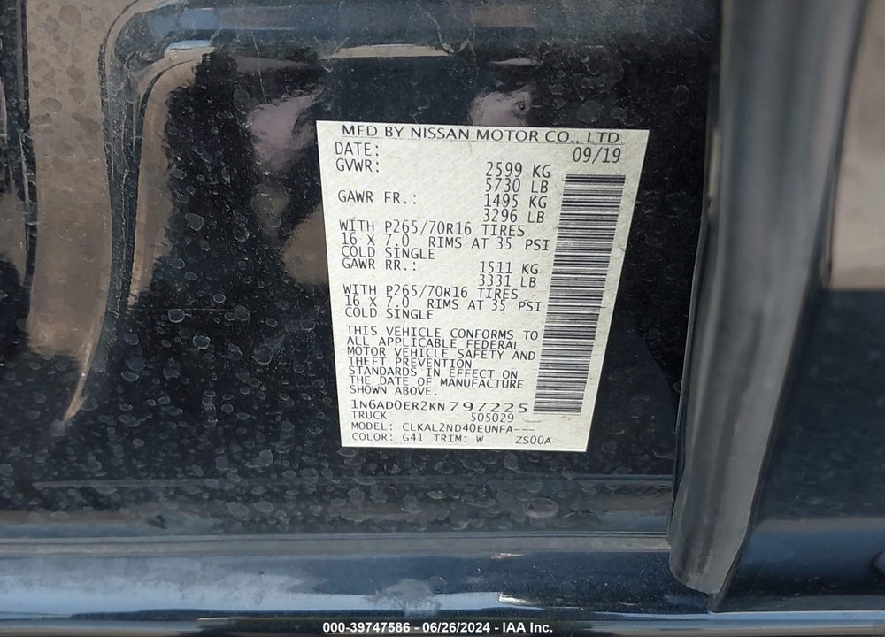 2019 NISSAN FRONTIER SV VIN: 1N6AD0ER2KN797225