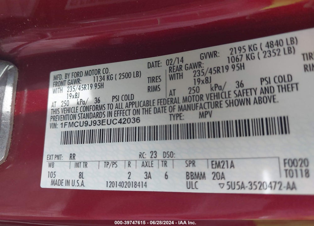 2014 FORD ESCAPE TITANIUM VIN: 1FMCU9J93EUC42036