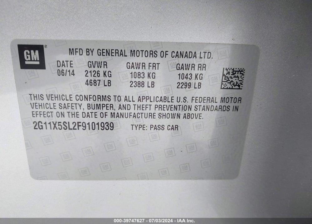2015 CHEVROLET IMPALA VIN: 2G11X5SL2F9101939