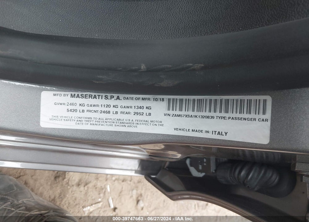 2019 MASERATI GHIBLI VIN: ZAM57XSA1K1320839