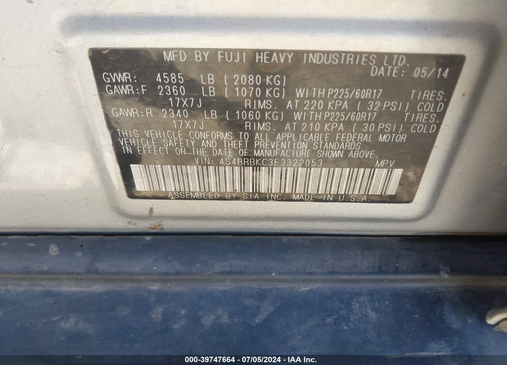2014 SUBARU OUTBACK 2.5I LIMITED VIN: 4S4BRBKC3E3322053