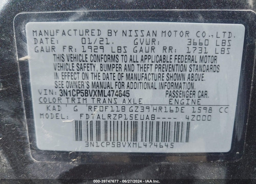 2021 NISSAN KICKS S XTRONIC CVT VIN: 3N1CP5BVXML474645