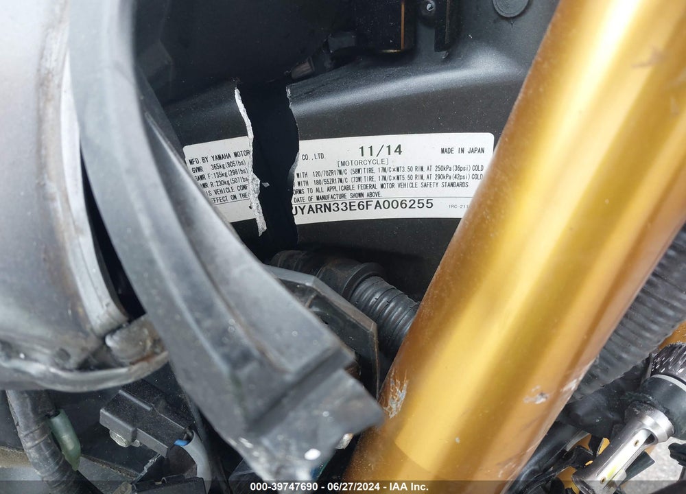 2015 YAMAHA FZ09 VIN: JYARN33E6FA006255