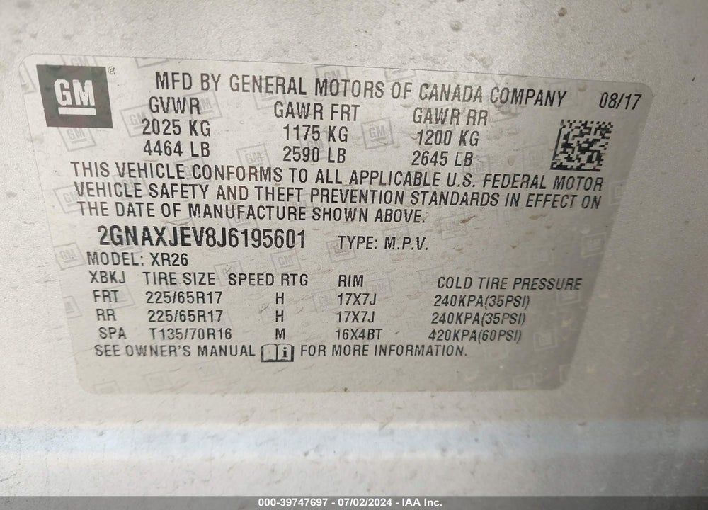 2018 CHEVROLET EQUINOX LT VIN: 2GNAXJEV8J6195601