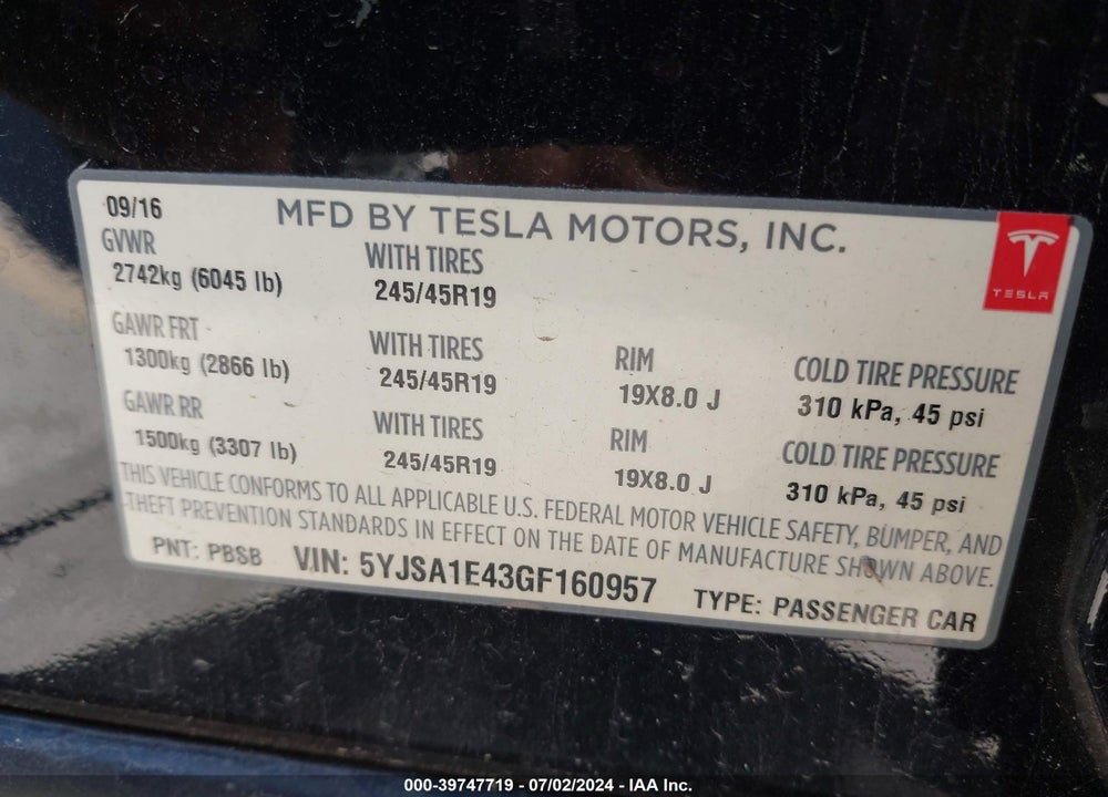 2016 TESLA MODEL S VIN: 5YJSA1E43GF160957