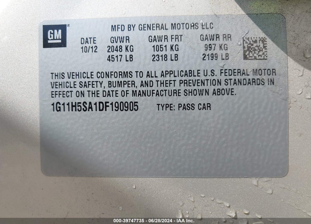 2013 CHEVROLET MALIBU 1LZ VIN: 1G11H5SA1DF190905
