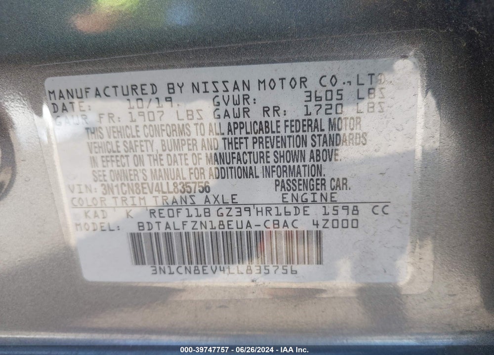 2020 NISSAN VERSA SV XTRONIC CVT VIN: 3N1CN8EV4LL835756