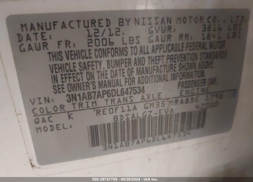 2013 NISSAN SENTRA SL VIN: 3N1AB7AP6DL647534