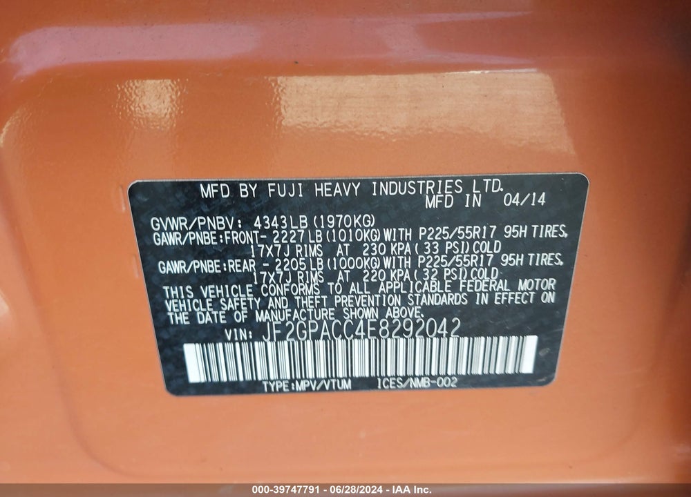 2014 SUBARU XV CROSSTREK 2.0I PREMIUM VIN: JF2GPACC4E8292042