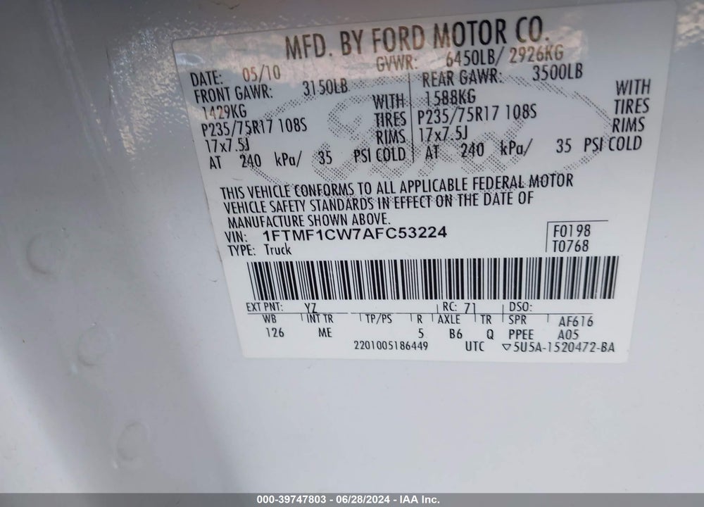 2010 FORD F-150 STX/XL/XLT VIN: 1FTMF1CW7AFC53224