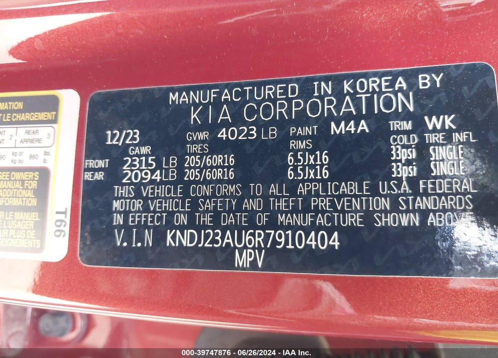 2024 KIA SOUL LX VIN: KNDJ23AU6R7910404