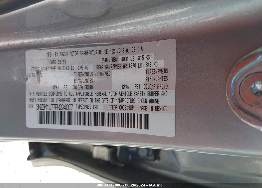 2015 MAZDA 3 I SPORT VIN: 3MZBM1U77FM224007